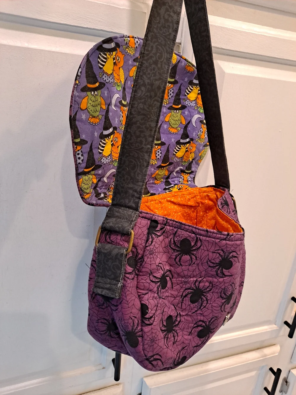 Artisan Purple Orange Owl Witch Spiders Webs Crossbody Bag Halloween